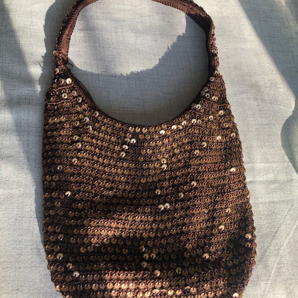 Brown Sequin lined Women's Bag with zipper and inside pocket - vintage.